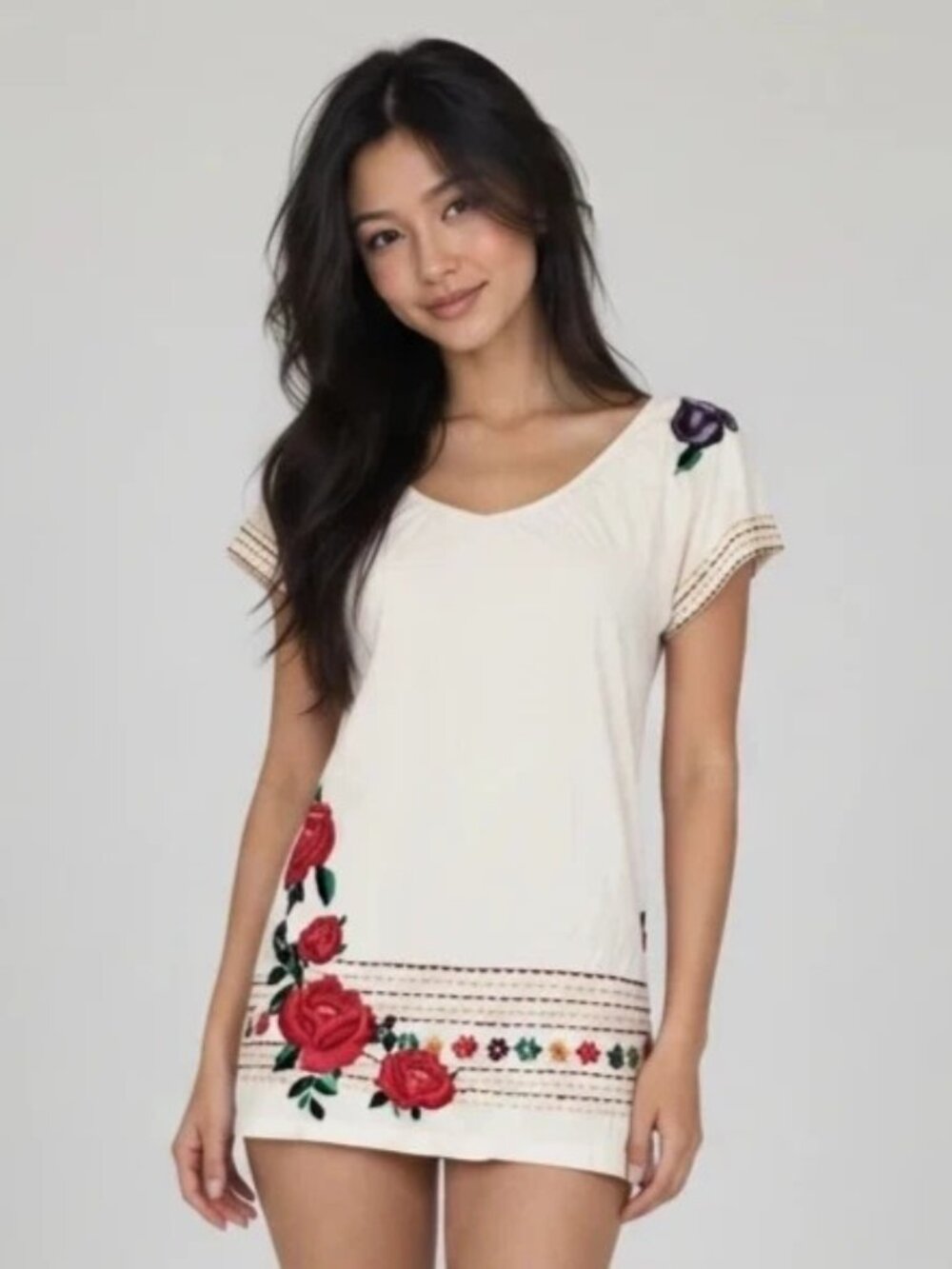 Johnny Was JW Los Angeles Ivory Floral Embroidered Short Sleeved Tunic Sz Medium